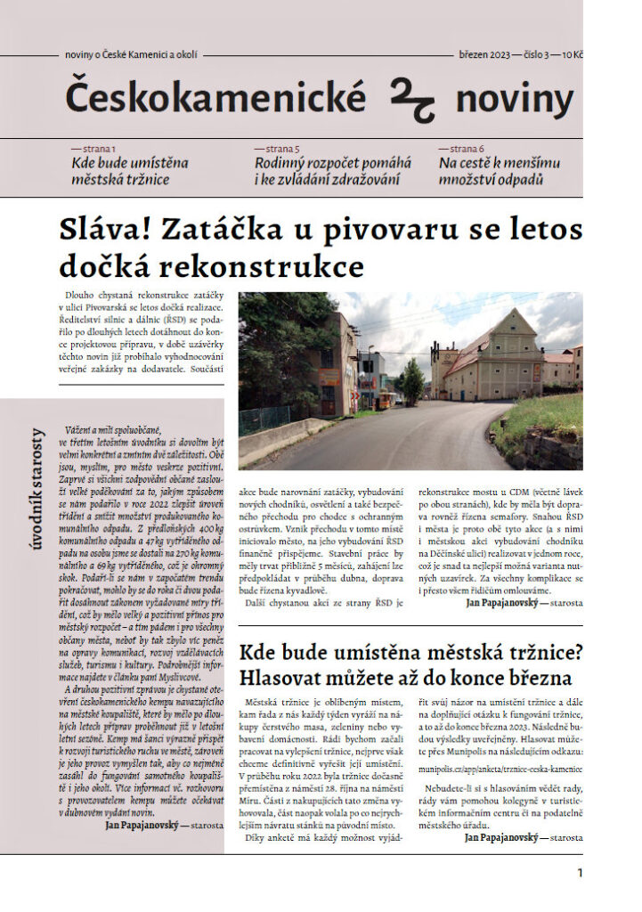 Snímek titulní stránky Českokamenických novin