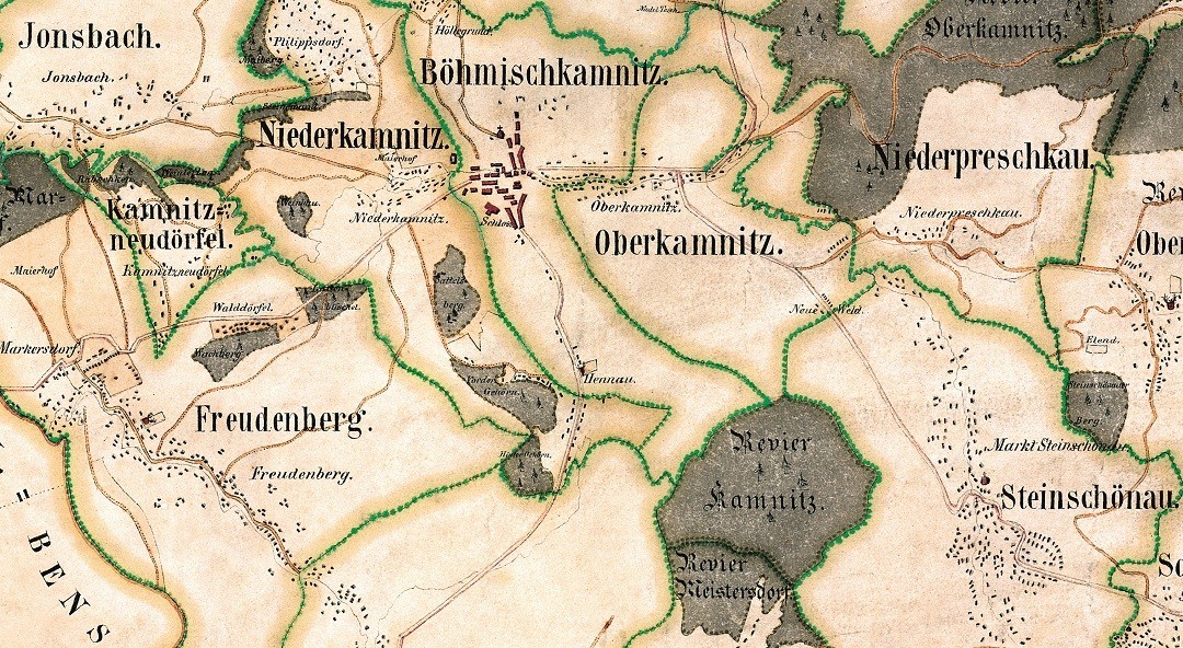 Obr 8: Mapa z roku 1859 s novými císařskými silnicemi (kniha Česká Kamenice)