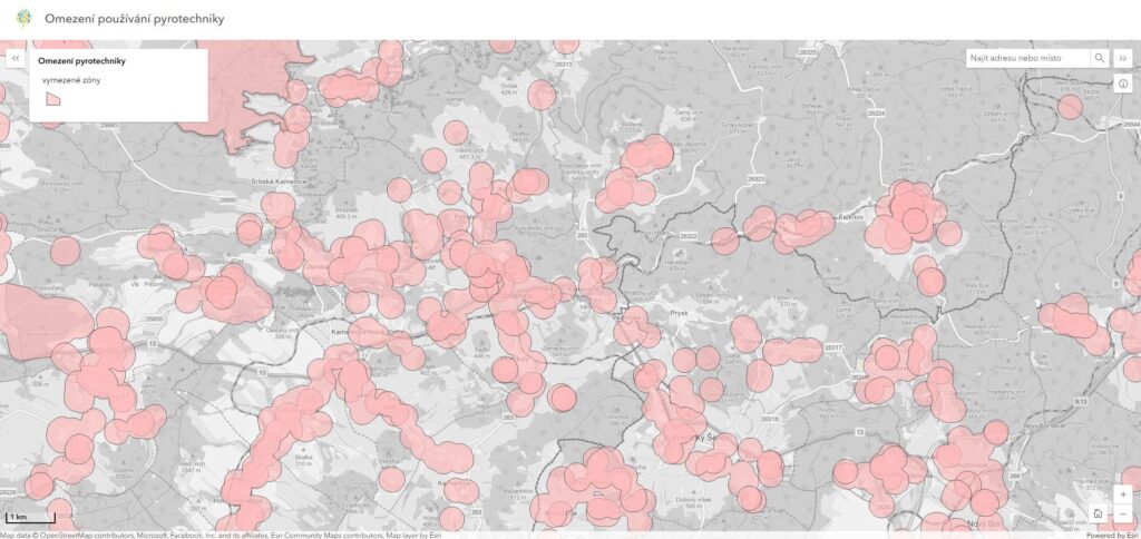 Mapa Ministerstva zemědělství s vyznačenými plochami zákazů zábavní pyrotechniky