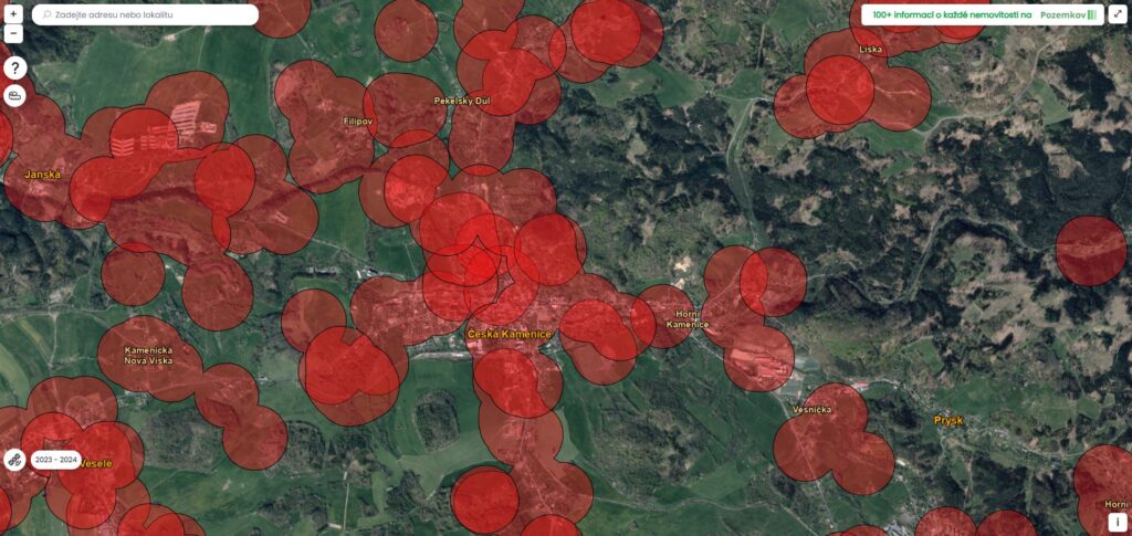 Mapa se zákazy na serveru ohnostroje.pozemkov.cz